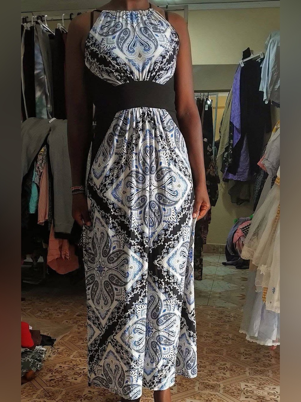 Classic Black & White Paisley Maxi Dress with Blue Accents